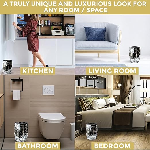 Escenzy Modern Bathroom Trash Can Mosaic Glass 5L | Decorative Small Garbage Can | 7" x 10" | Luxury Waste Basket for Restroom, Office, Bedroom & Kitchen | Shiny Black and Gold Bathroom Accessories