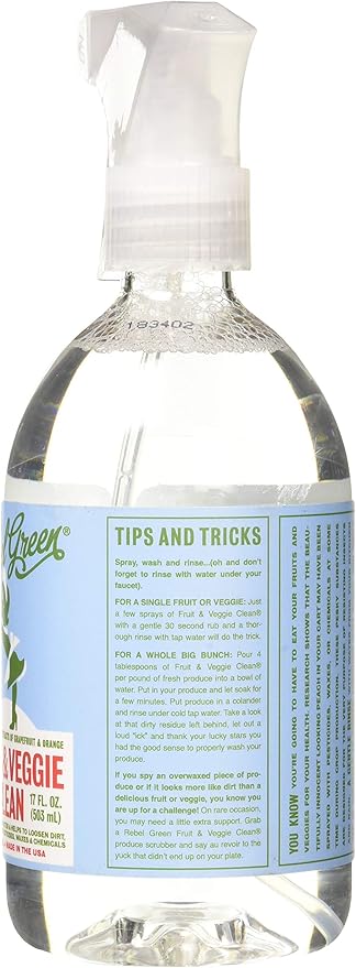 Rebel Green Fruit & Veggie Clean - Plant-Based Produce Cleaner - Natural Fruit and Vegetable Wash with No Aftertaste - Chemical & Wax Removal - Made with Organic Extracts of Citrus - 17 FL OZ