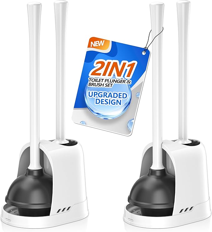 Toilet Plunger and Brush, 2 Pack Bowl Brush and Heavy Duty Toilet Plunger Set with Ventilated Holder, 2-in-1 Toilet Brush and Plunger Combo for 5.3-inch Toilet Drain Bathroom Cleaning