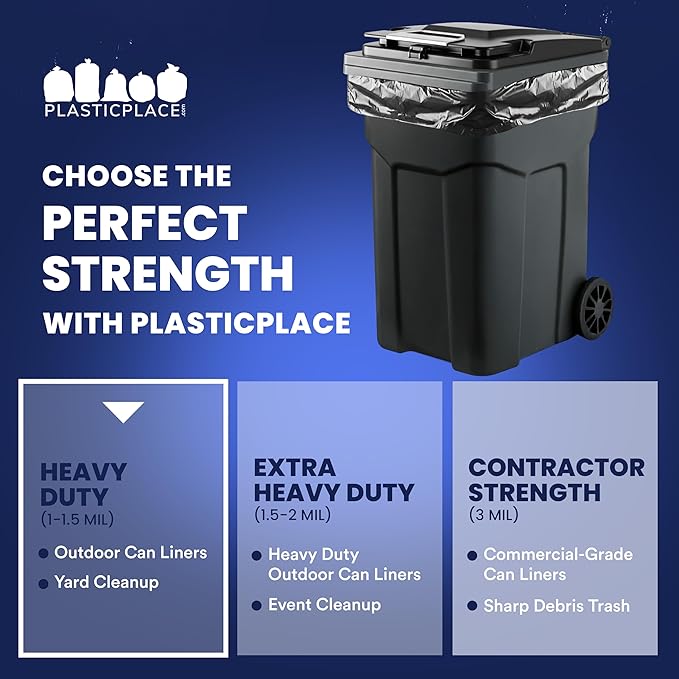 Plasticplace 95-96 Gallon Heavy Duty Black Trash Bags - Contractor Grade, Extra Large Garbage Bags for Construction & Outdoor Trash Cans, 1.2 Mil Thick, 61” x 68” (15 Count Roll)