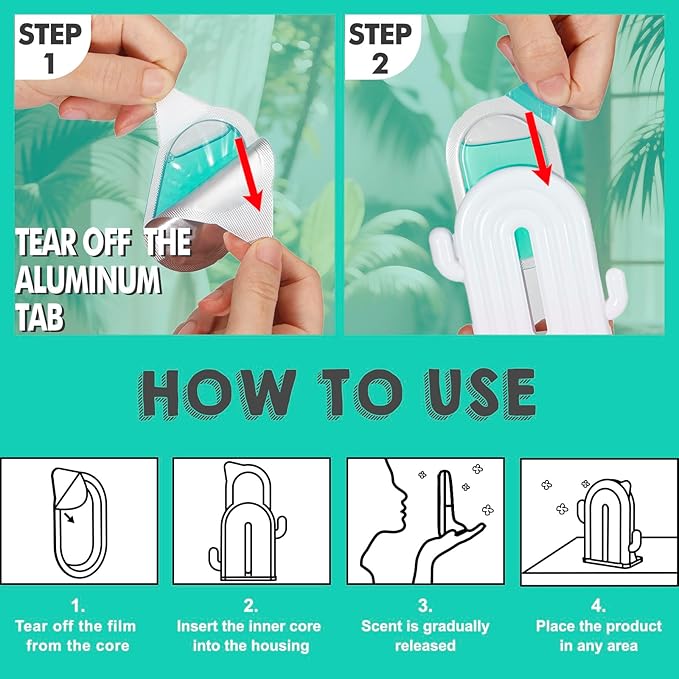 Air Freshener for Home, 2 Pack, 2 Refill, Eucalyptus Scent, Odor Eliminator, Up to 120 Days, Cactus-shaped Freshener for Closet Bathroom, Cute Home Decor, White