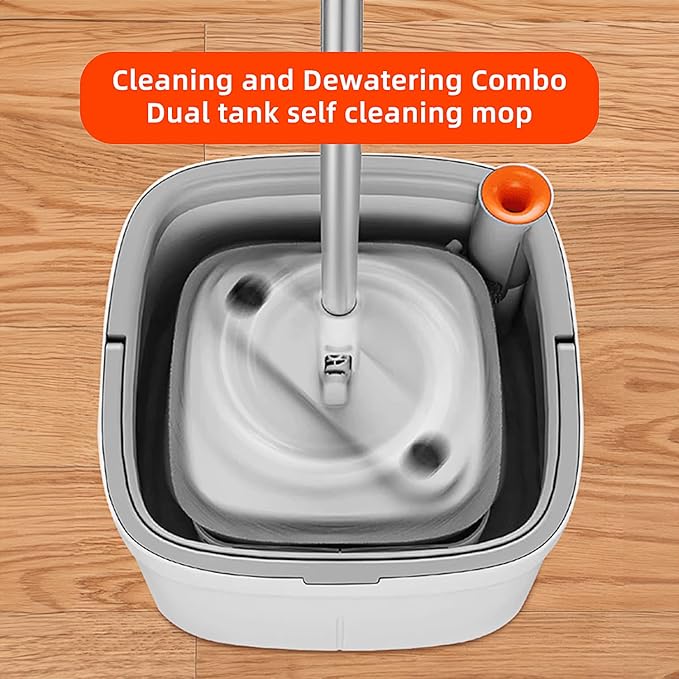 KZKR Spin Mop and Bucket Set with Self Separation Dirty and Clean Water System, Self Wringing 360° Rotating Square Mop Head for Home Floors Cleaning (1.0 Mop and Bucket Set (8 Pads))