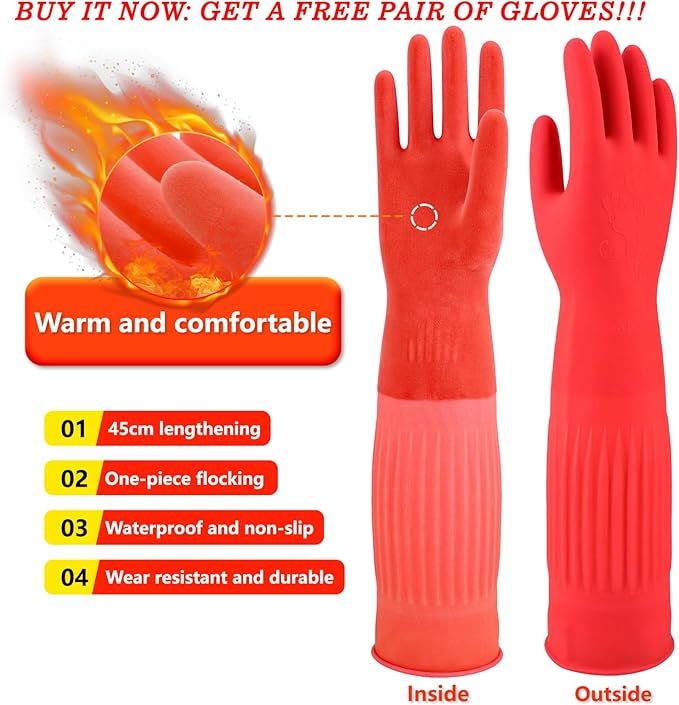 North Tower Rubber Gloves Kitchen Cleaning For Washing Dishing Kithchen, warmming Heat Resistant Dishwashing Gloves,18",2 Pairs Large