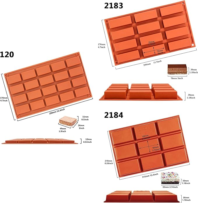 FUNSHOWCASE Rectangle Bars Silicone Mold 3 Trays Assortment