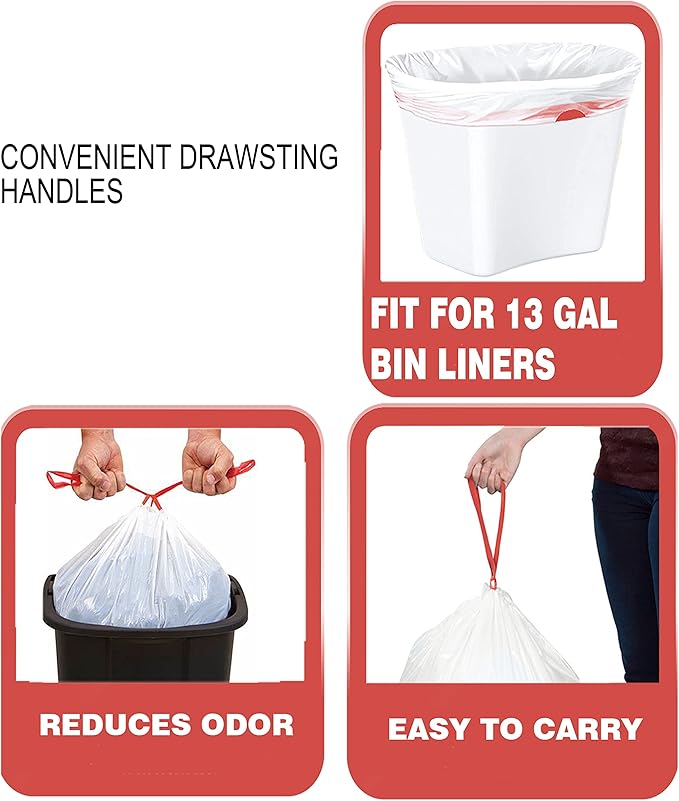 Trash Bags 13 Gallon Drawstring, 50 Count Garbage Bags, Tall Kitchen Trash Bags, Odorless & Extra Strength White Plastic Food Scrap Bag for Home Office Bathroom Kitchen Bins