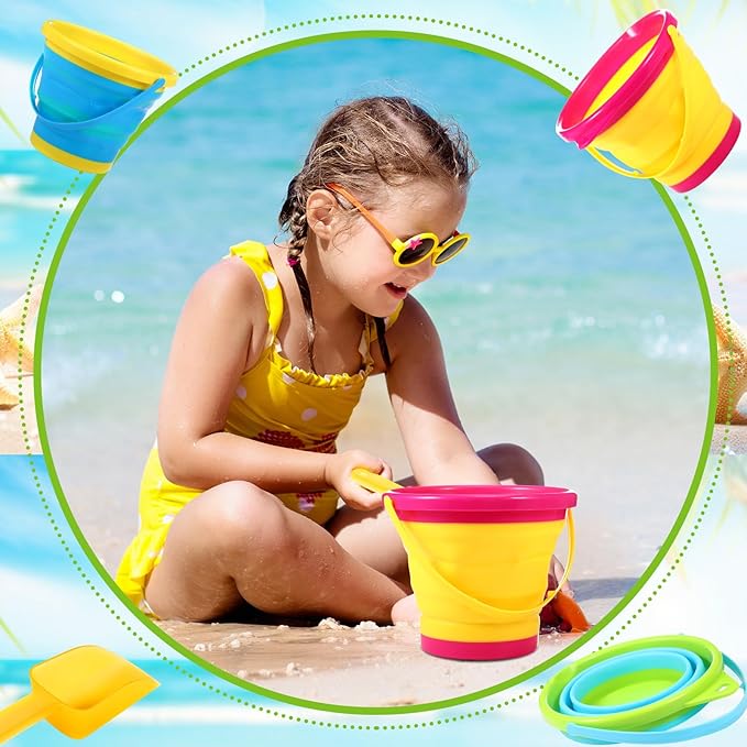 Realspring 3 Sets Collapsible Sand Buckets with Shovels Foldable Pail Buckets for Kids 2.5 l Colorful Collapsible Beach Toys Bulk for Summer Beach Party Outdoor Activity