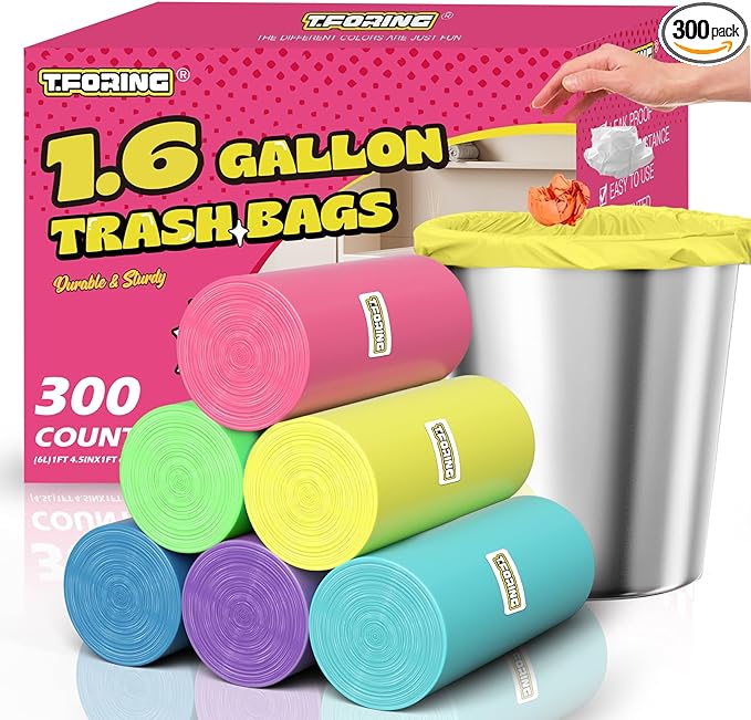 300 Count 1.6 Gallon Mini Trash Bags - 6 Liter Colored Small Garbage Bags Unscented Mini Can Liners Leakproof & Tear Resistant for Bathroom Office Dorm Car