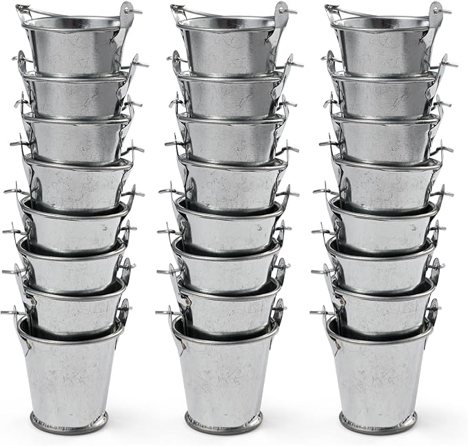 1.69" Galvanized Mini Tin Buckets – 24Pcs Silver Metal Buckets with Handle Best for Party Favors, Bridal Shower and Craft Projects (Silver, 1.69")