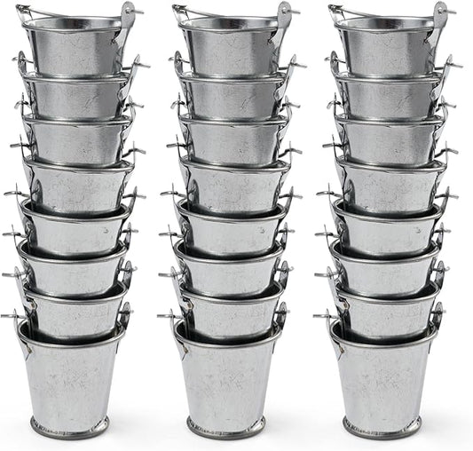 1.69" Galvanized Mini Tin Buckets – 24Pcs Silver Metal Buckets with Handle Best for Party Favors, Bridal Shower and Craft Projects (Silver, 1.69")