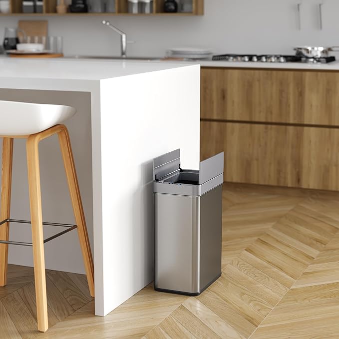 iTouchless 50 Liter / 13 Gallon Wings-Open Lid Sensor Kitchen Trash Can with Odor Filter – Dog-Proof Slim Automatic Stainless Steel Garbage Recycling Bin for Home, Office, Bedroom, Business or Garage