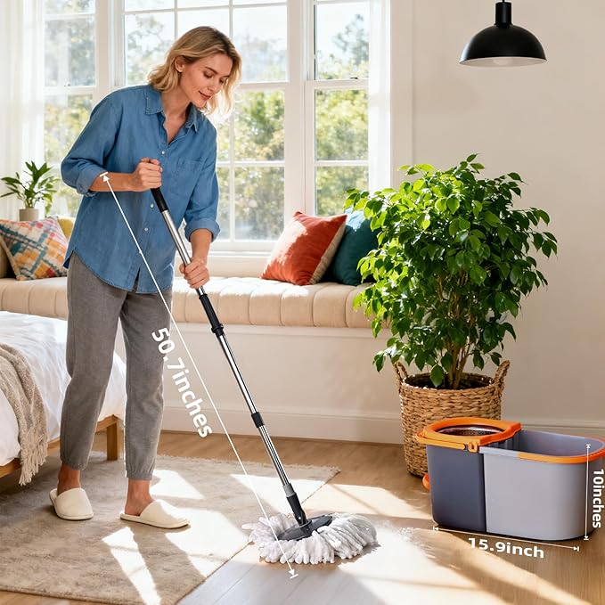 Spin Mop and Bucket Set,Detachable Double Buckets Separate Dirty Water with Stainless Steel Wringer for Floor Cleaning,Cleaning Buckets with 4 Mop Head Replacements for Household Use