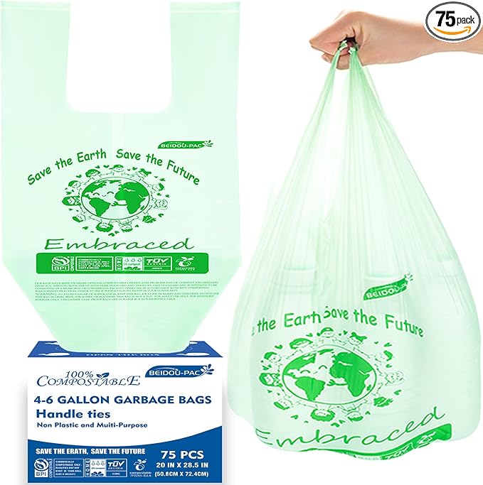 4-6 Gallon Compostable Trash Bags, 75 Count, Kitchen Compost Bags With Handle, Sturdy Biodegradable Garbage for Food Scrap Waste, ASTM D6400, US BPI Certified