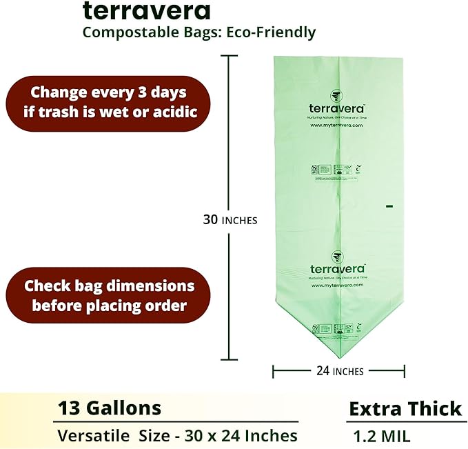 Compostable Trash Bags Bin Liners | BPI & OK Home Certified ASTM D6400 Standards | Heavy Duty Kitchen & Yard Waste Bags (13 Gallon Flat Top, 50 Count)