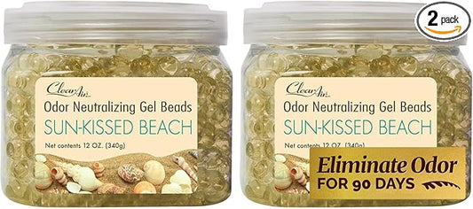 Clear Air Odor Eliminator Gel Beads - 12 oz, Pack of 2 - Air Freshener Made with Essential Oils - Eliminates Odors in Bathrooms, Cars, Boats, RVs & Pet Areas - Sun-Kissed Beach Scent