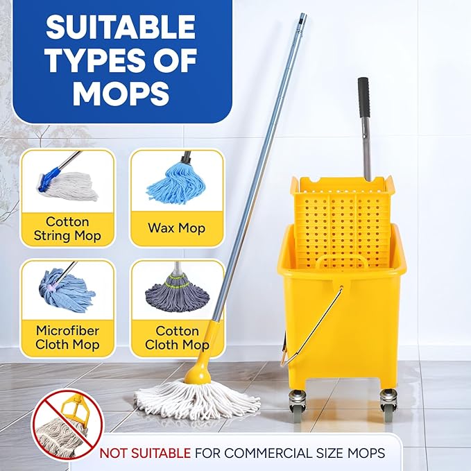 Commercial Mop Bucket with Wringer on Wheels Small 5 Gallon, Heavy Duty Dual Chamber Industrial Mop Bucket Separate Dirty Water, Perfect for Business Household, 20 Quart Yellow