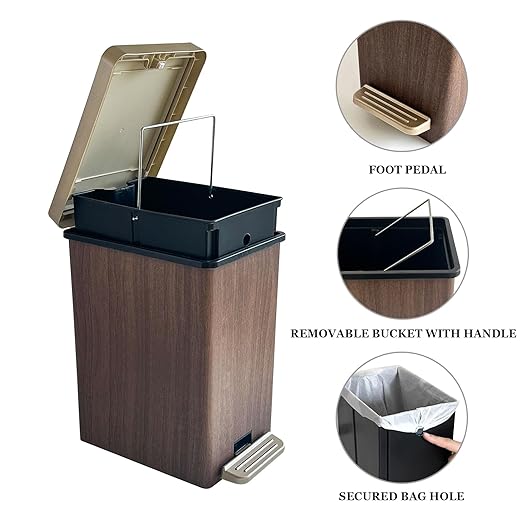 Compact Trash Can with Lid, 15 Liter/3.9 Gallon, Plastic Slim Garbage Can for Home, Bathroom, Kitchen, Office, Living Room, Bedroom, Vintage Waste Bin with Foot Pedal and Touch Top