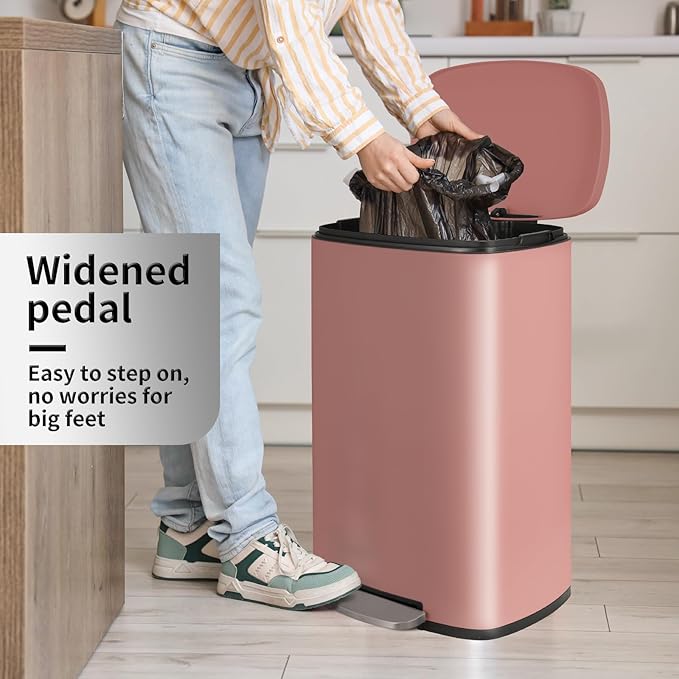 13.2+1.3 Gallon Trash Can Combo Set, Stainless Steel Garbage Bin with Pedal, Removable Inner Waste Bucket, Anti-Fingerprint, Soft-Close Locking Lid Dustbin for Kitchen, Bathroom, Office