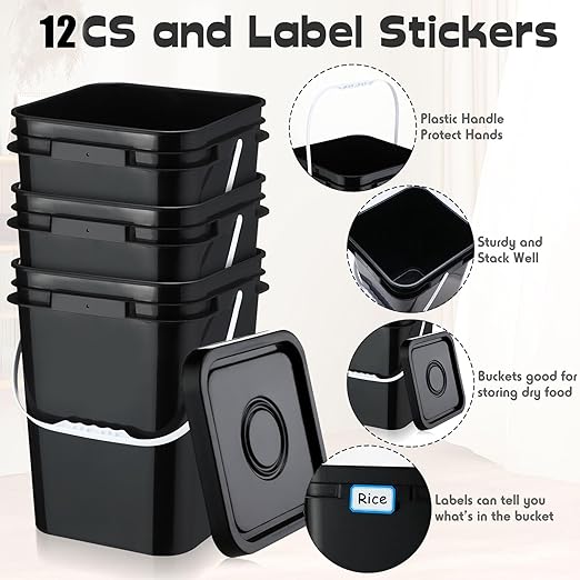 Vesici 12 Pcs Black 5 Gallon Square Bucket Pail with Plastic Handle and Lid Heavy Duty Storage Food Container with DIY Label Sticker for Food Multipurpose Paint Water Art Crafts Project