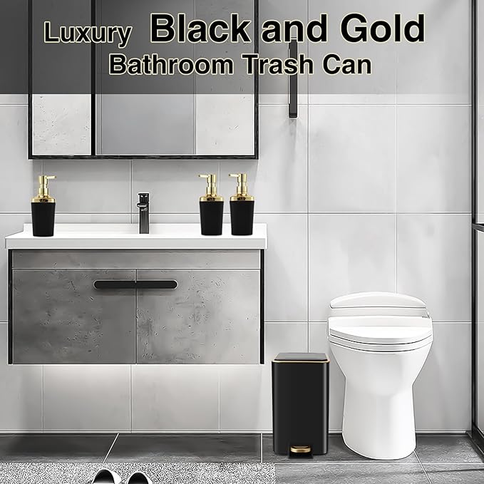 Small Bathroom Trash Can with Lid Soft Close, 1.8 Gallon Stainless Steel Garbage Can with Removable Inner Bucket,3PCS Soap Dispenser,75Count Trash Bag, Slim Step Pedal Trash Bins