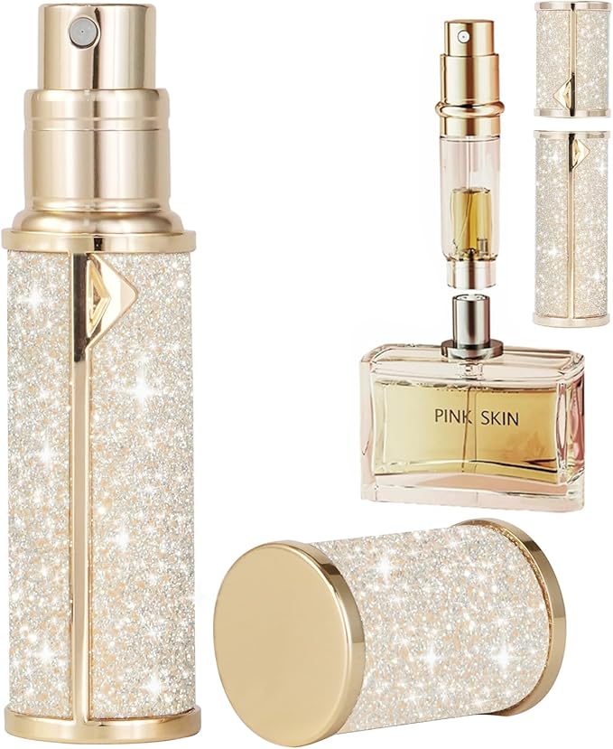 Travel Perfume Bottle Refillable,Perfume Travel Refillable Mini Spray Bottles Leather Cologne Dispenser, Portable Empty Spray Bottle Cologne Dispense Filling Atomizer 5ml (Golden)