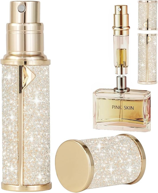 Travel Perfume Bottle Refillable,Perfume Travel Refillable Mini Spray Bottles Leather Cologne Dispenser, Portable Empty Spray Bottle Cologne Dispense Filling Atomizer 5ml (Golden)