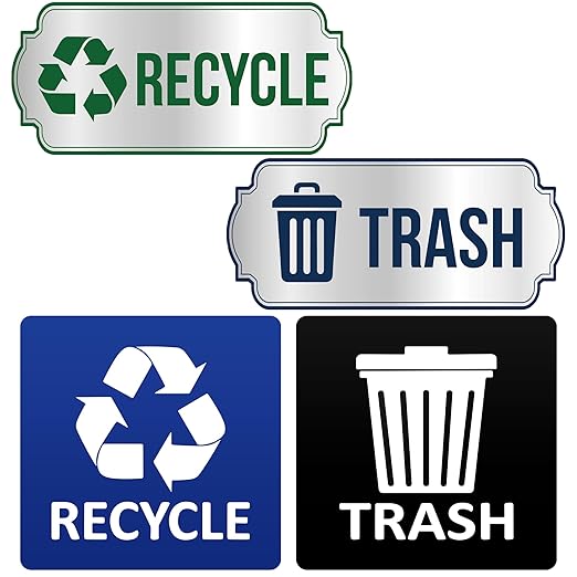 Trash and Recycle Stickers for Bins, 4-Piece Set Waterproof Self Adhesive Recycling Stickers for Trash Cans Waste Signs for Home, Kitchen, Office Indoor & Outdoor Use