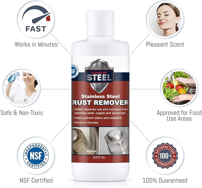 CLEAN MY STEEL Stainless Steel Rust Stain Remover, Protector & Cleaner Kit, Concentrated Formula, for Commercial Use, Appliances. Gloves & Sponge Included (17 oz)