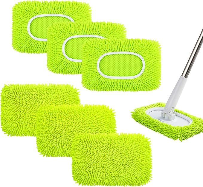 6PCS Reusable Mop Pads Fit for Flat Mops, Chenille Mop Refill Pads Washable Mop Covers, Household Replacement Mop Pads Wet & Dry Sweeping Cloths Mopping Pad Refills for Hardwood Floor Cleaning (Green)
