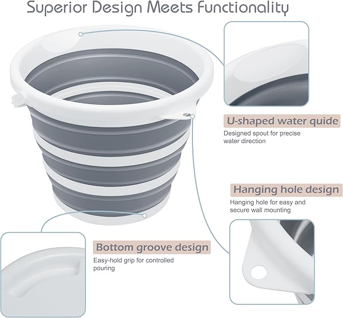 Collapsible Bucket, 2.6 Gallon (10L) - Foldable Mop Bucket for House Cleaning, Car Washing, Camping - Portable Water Pail for Outdoor, RV, Travel (Grey, Round)