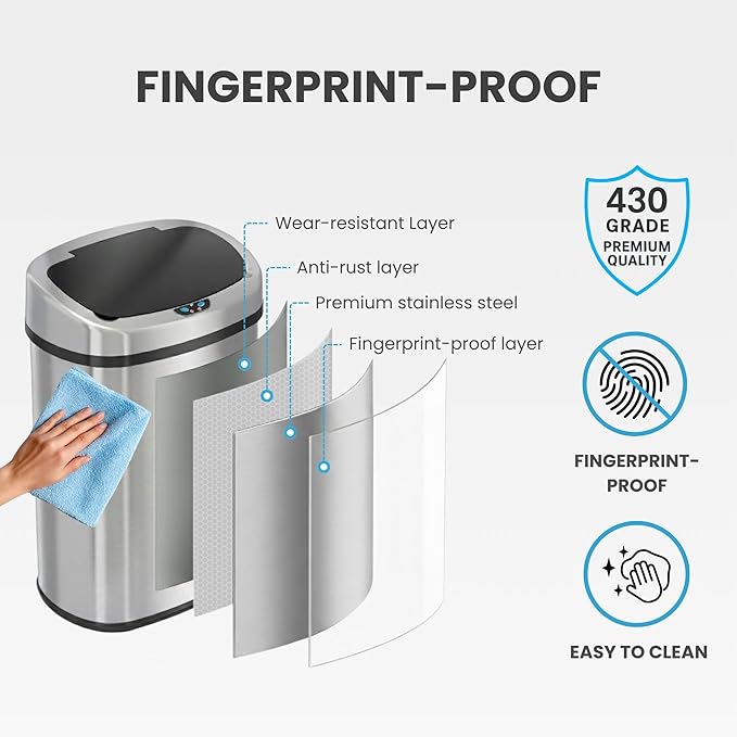 iTouchless SensorCan 50 Liter / 13 Gallon Kitchen Trash Can with Lid & Odor Filter – Motion Sensor Stainless Steel Garbage Bin for Home, Office, or Garage – Slim Oval Shape, Large Capacity Design
