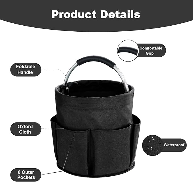 17L Cleaning Caddy with Handle, Cleaning Supplies Organizer, Foldable Storage Basket, Cleaning Supply Caddy, Portable Multi Cleaning Bucket Bag for Home, Garden (Black)