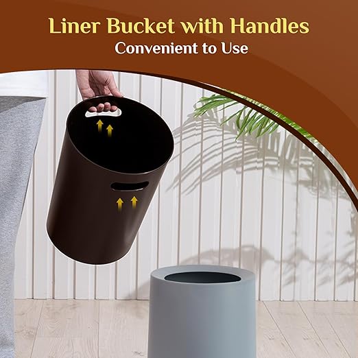 2 Pack Round Modern Trash Can Bedroom, 3Gal/12L Bathroom Trash Can Hidden Bag, Open Top Trash Bin Round Plastic, Minimalist Grey Garbage Can with Inner Bucket (with 2 Handles) for Kitchen Office