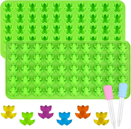 Sakolla Mini Frog Candy Molds Silicone, 100 Cavities Gummy Molds for Baking Hard Candy, Chocolate, Mint Candy, Set of 2 with 2 Droppers