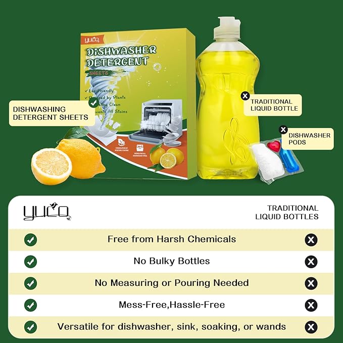 YUCO Dishwasher Detergent Sheets 100 Loads, Liquid-Free Dish Soap Cleaner Strips Eco-Friendly No Plastic Dishwasher Pods Detergent, Use in Dishwasher or Sink, Leaving Dishes Sparkling Clean (Lemon)