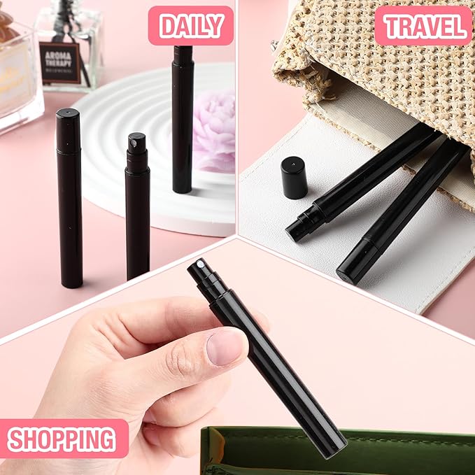 Tanlade 300 Pcs 5ml Mini Spray Bottles Black Plastic Perfume Atomizer Sprayer Bottles Portable Perfume Travel Refillable Bottle for Travel Pocket Dispenser Container