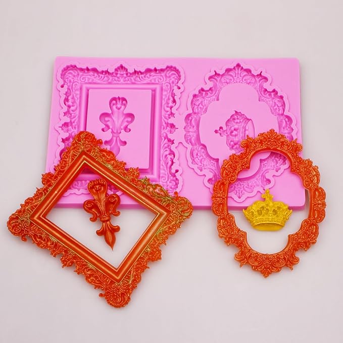 Baroque Mirror Frame Silicone Fondant Molds European Vintage Crown Cake Decoration Molds for Anniversary Weddings Bridal Shower Chocolate Candy Sugar Gum Paste Butter Resin Cookies Polymer Clay