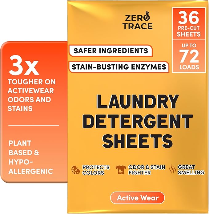 Zero Trace All Natural Laundry Detergent Sheets Eco Friendly - Laundry Soap - Active Wear Travel Laundry Detergent (72 Loads 36 Sheets)