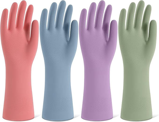 Rubber Cleaning Gloves for Dishwashing, 4 Pairs Reusable Kitchen Gloves for Washing Dishes and Household Cleaning, Colorful Dish Gloves with Flocked Lining and Non-Slip Grip, Pefect for Woman Men - S