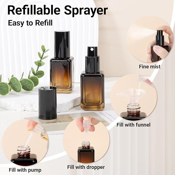 Segbeauty 1oz Fine Mist Amber Glass Spray Bottles, 2pcs Small Travel Size Spray Bottle Refillable Liquid Containers, 30ml Mini Glass Cosmetic Bottles for Travel, Empty Perfume Bottle Atomizer Sprayer