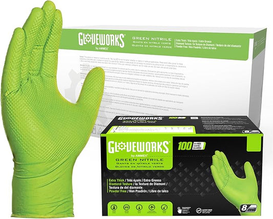 GLOVEWORKS HD Green Nitrile Gloves, 8 mil Nitrile Gloves Medium-XXL Sizes, Nitrile Disposable Gloves with Raised Diamond Grip