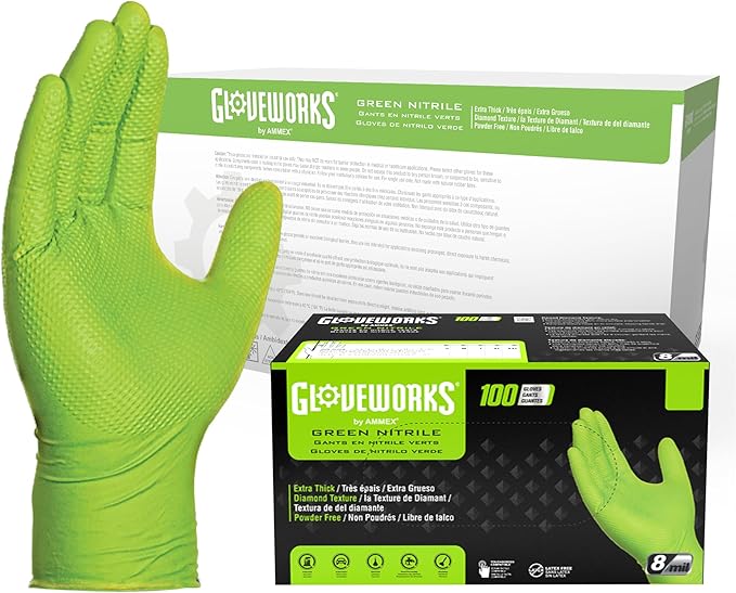 GLOVEWORKS HD Green Nitrile Gloves, 8 mil Nitrile Gloves Medium-XXL Sizes, Nitrile Disposable Gloves with Raised Diamond Grip