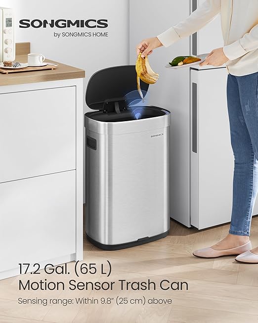 SONGMICS Kitchen Trash Can, 17.2-Gallon (65 L) Motion Sensor Garbage Can, Stainless Steel Trash Bin, Ozone Odor Control, Stay-Open, Metallic Silver ULTB660E01