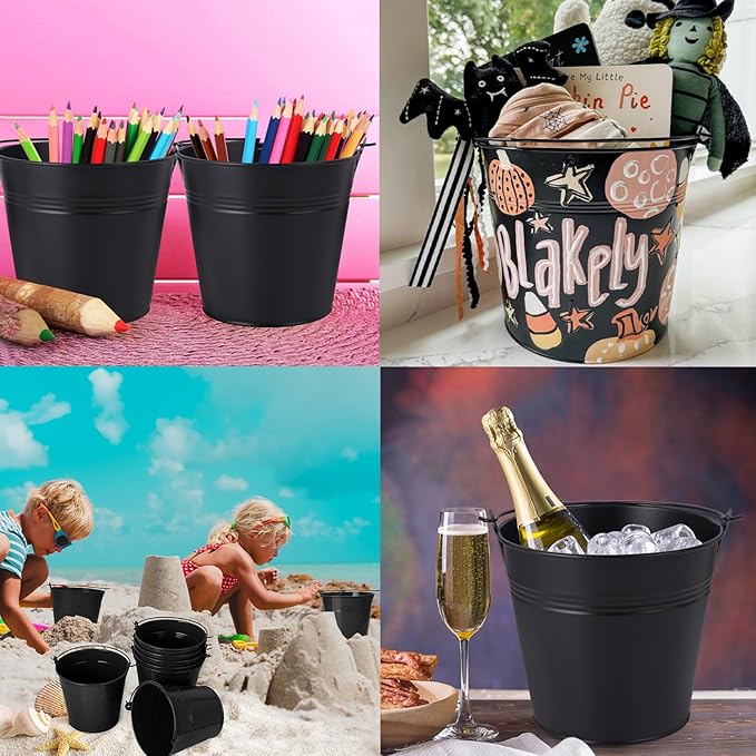15 Pack 5.1" Black Metal Bucket, Elegant Galvanized Buckets with Handles, Tin Buckets, Small Iron Bucket, Metal Pail for Party Favors, Crafts, Garden & Beach