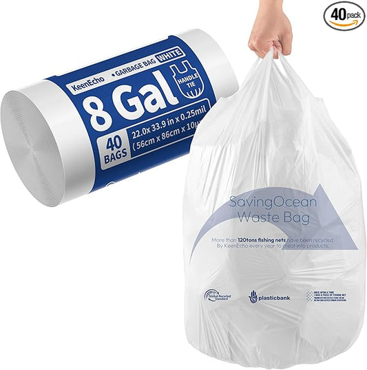 Small Trash Bags with Handles 8 Gallon 40 Count White - Ocean Plastic Upcycling - Plastic Garbage Bags, Can Bin & Waste Basket Liner for Kitchen, Bathroom, Office and Pets