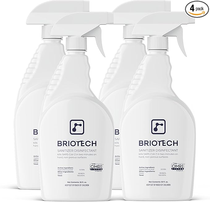 BRIOTECH Sanitizer Disinfectant Hypochlorous Spray, Kill 99.99% of Viruses & Bacteria, Control Mold, Eliminate Odor, Gentle for Nursery & Play Rooms, Food Contact Surface Sanitizer, 32 fl oz (4 Pack)