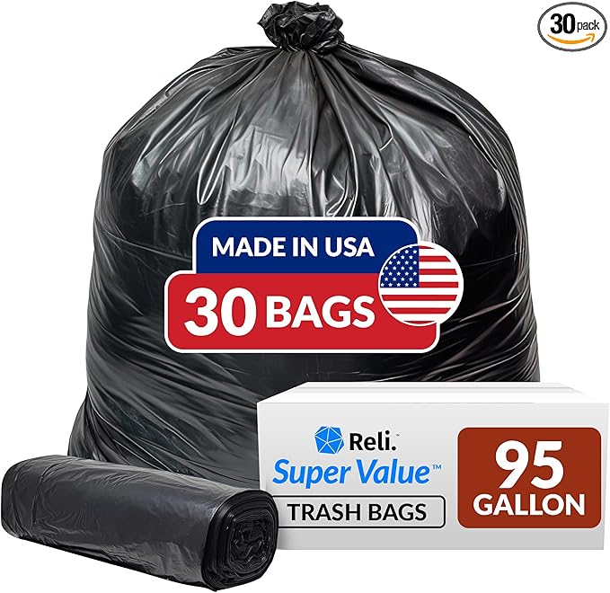 Reli. 95 Trash Bags Heavy Duty | 30 Trash Bags | Super Sizeable for Serious Garbage Cleanup (Black)