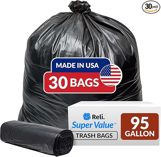 Reli. 95 Trash Bags Heavy Duty | 30 Trash Bags | Super Sizeable for Serious Garbage Cleanup (Black)