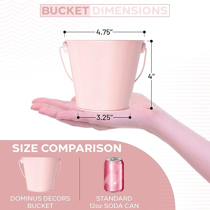Small Metal Buckets with Handles - Leak-Proof Metal Pail Bucket - Galvanized Bucket with Handle - Multipurpose Tin Bucket for Party Favors, Organization, School, Weddings, Garden - Set of 6, Pink