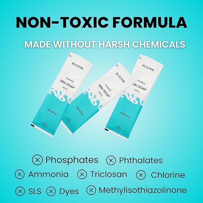 Eco Friendly Foaming Dish Soap Starter Set, Reusable Aluminum Soap Dispenser, 3 Zero Waste, Non Toxic, Concentrated Powder Refills Make 3x12oz (36 oz Total) of Foaming Dish Detergent (Unscented)