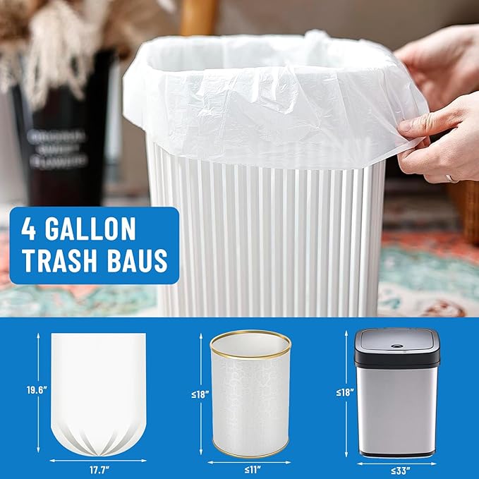 Small Trash Bags 4 Gallon, 300 Count Small Garbage Bag Bathroom White Mini Trash Bag Trash Can Liners Unscented Garbage Bags for Bathroom Can